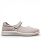 Milano Kira 02 beige leather flats with a hook and loop strap and removable orthotic footbed. Photo of right side view.