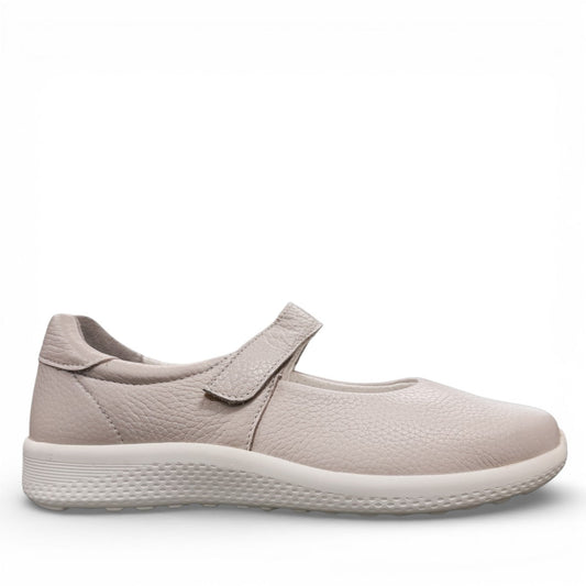 Milano Kira 02 beige leather flats with a hook and loop strap and removable orthotic footbed. Photo of right side view.