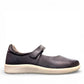 Alberta Milano Kira 02 blue metallic leather flats with a hook and loop strap and white textured sole. Photo of right side view.
