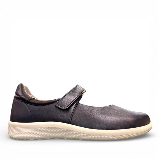 Alberta Milano Kira 02 blue metallic leather flats with a hook and loop strap and white textured sole. Photo of right side view.