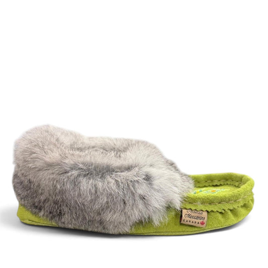 Alberta moccasins green cowhide suede moccasins with a fluffy grey rabbit fur ankle collar, handcrafted design.