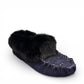 Alberta navy cowhide suede moccasins with a plush black rabbit fur ankle collar, handcrafted design.
photo of the front side