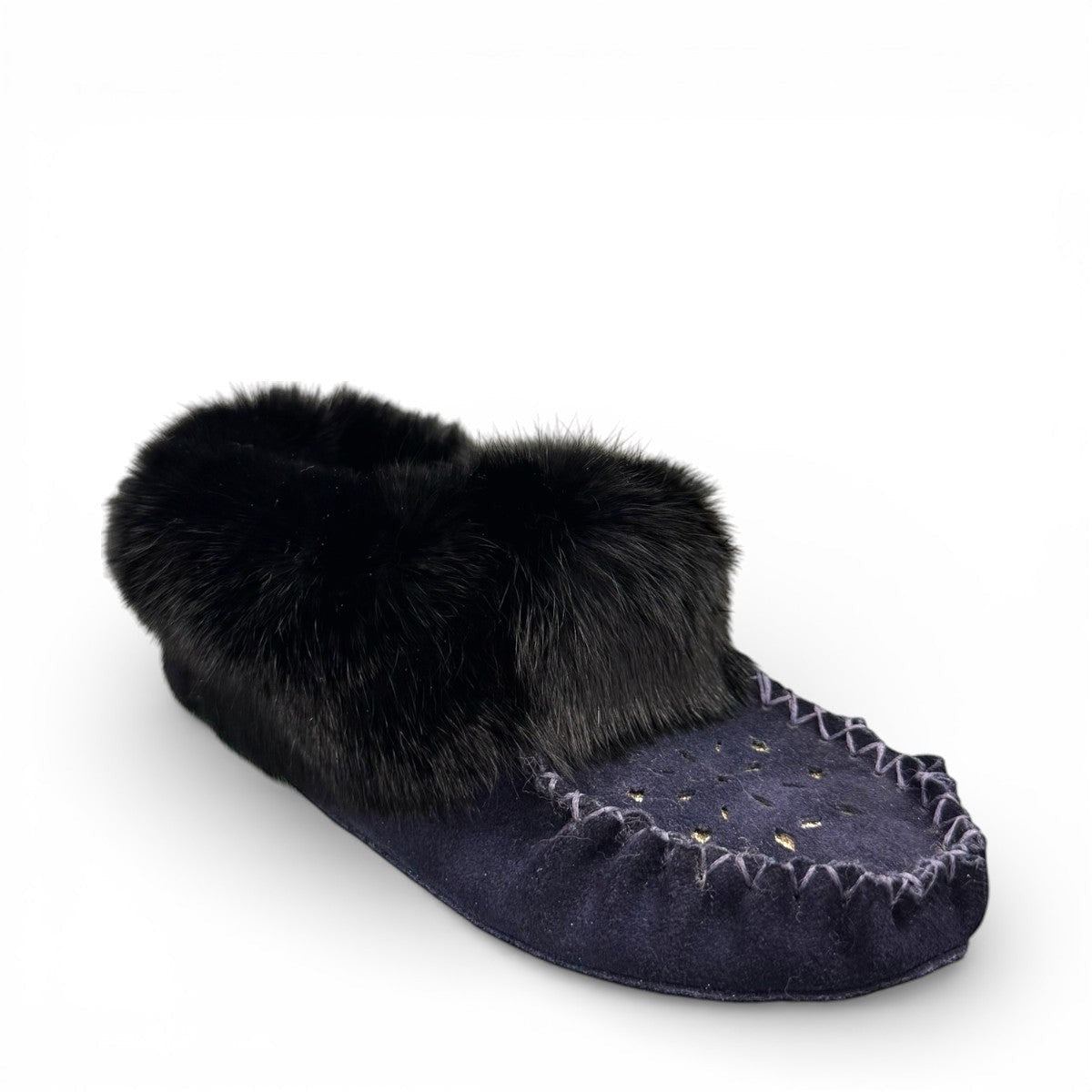 Alberta navy cowhide suede moccasins with a plush black rabbit fur ankle collar, handcrafted design.
photo of the front side