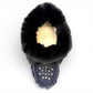 Alberta navy cowhide suede moccasins with a plush black rabbit fur ankle collar, handcrafted design.
photo of the top side