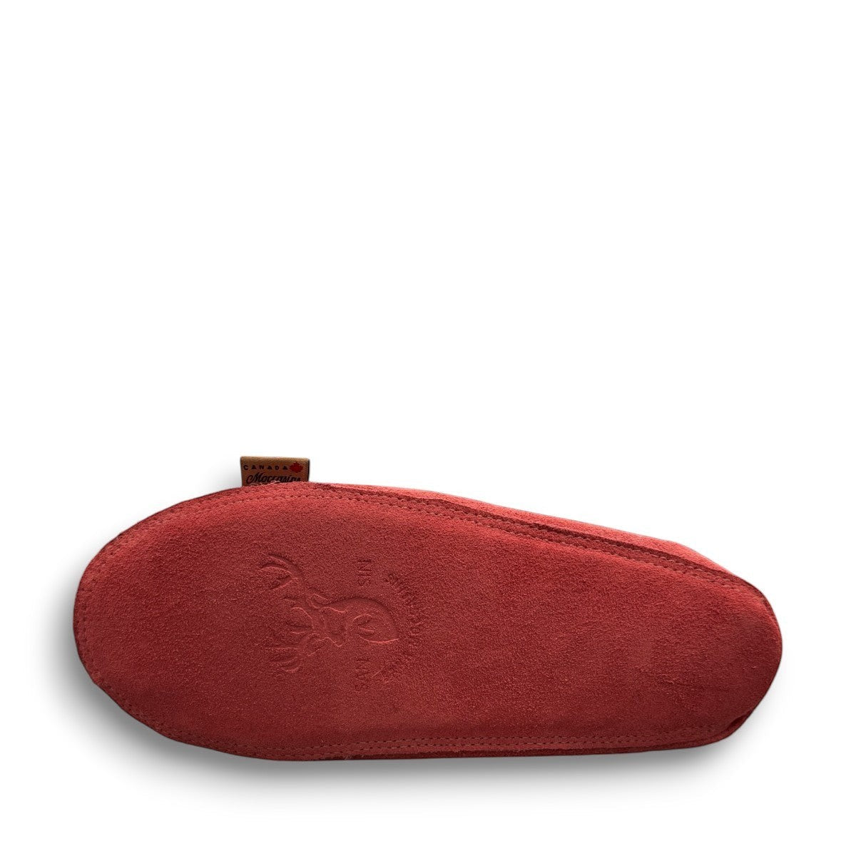 Alberta  peach cowhide suede moccasins with a soft rabbit fur ankle collar, handcrafted for cozy indoor comfort.
photo of the bottom side