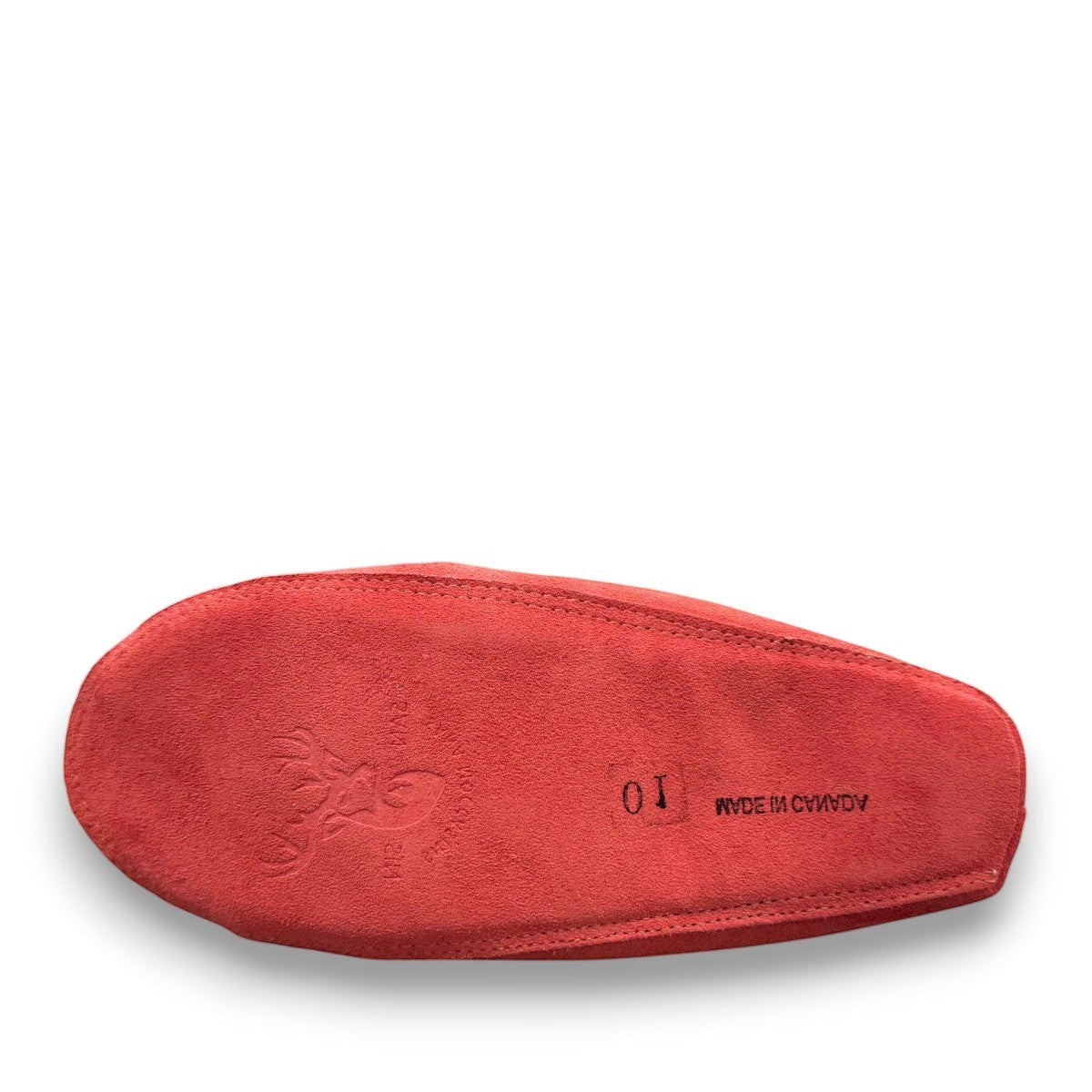 Alberta peach cowhide suede moccasins with a soft white rabbit fur ankle trim, handcrafted for cozy comfort.
photo of the bottom side