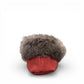 Alberta  peach cowhide suede moccasins with a soft rabbit fur ankle collar, handcrafted for cozy indoor comfort.
photo of the back side