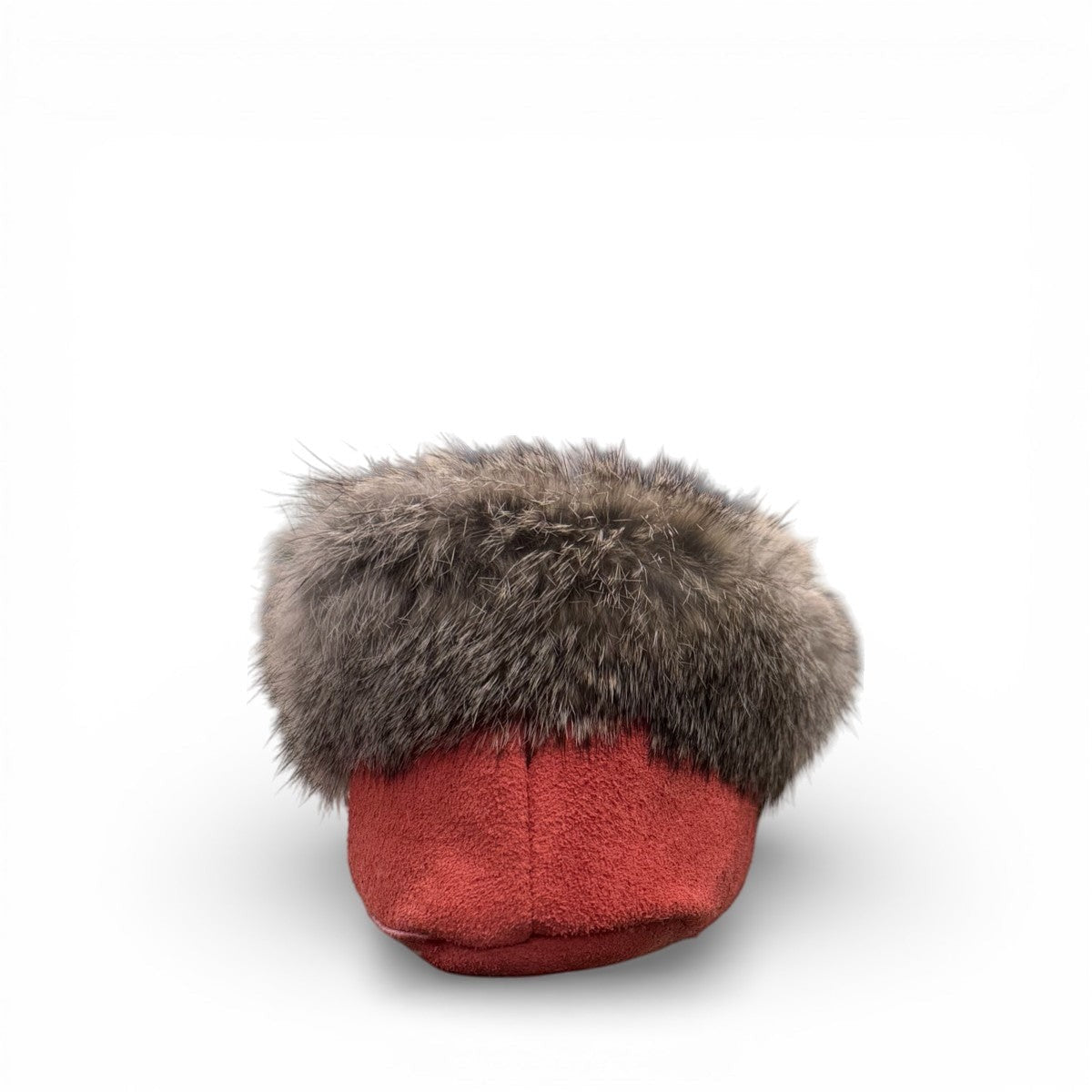 Alberta  peach cowhide suede moccasins with a soft rabbit fur ankle collar, handcrafted for cozy indoor comfort.
photo of the back side