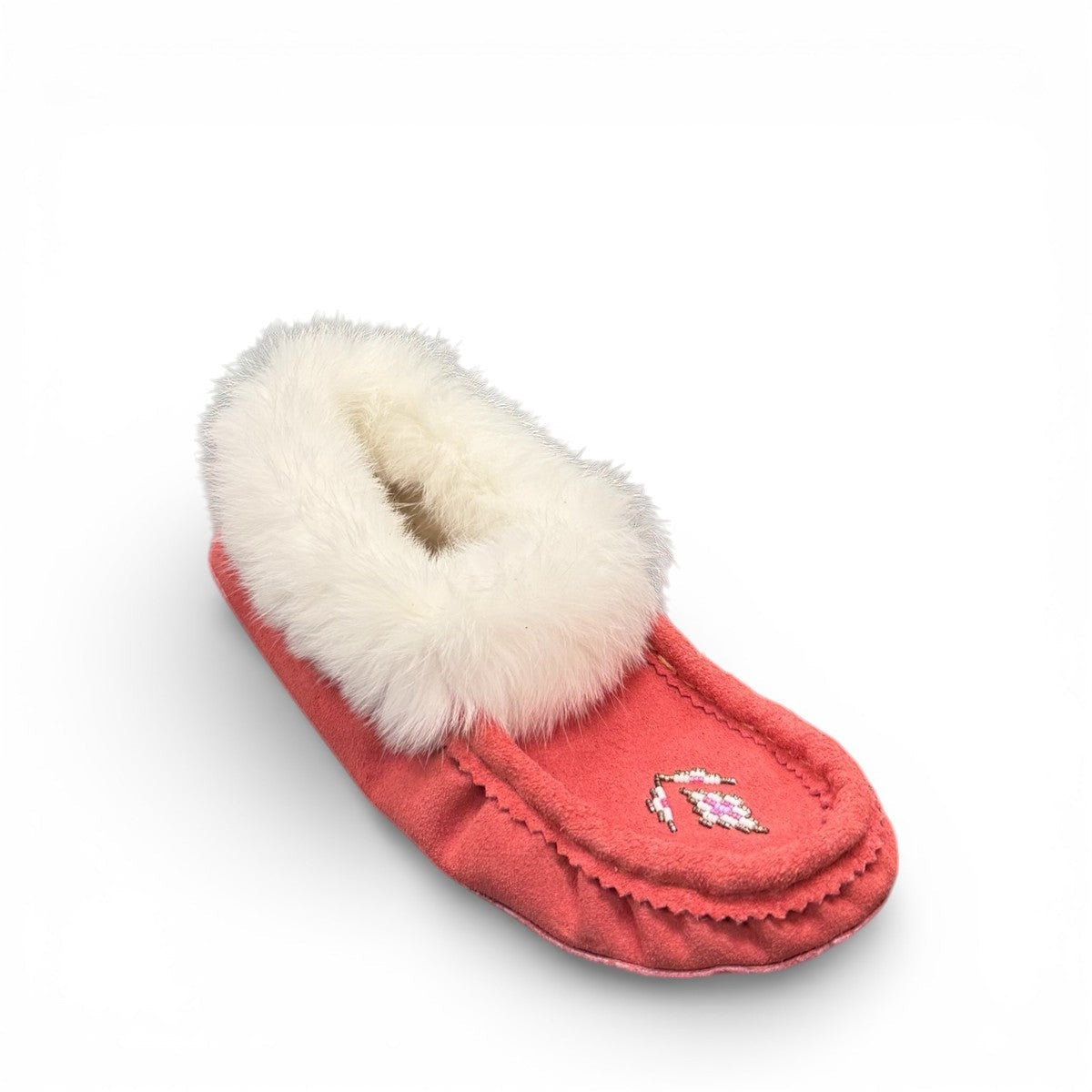 Alberta peach cowhide suede moccasins with a soft white rabbit fur ankle trim, handcrafted for cozy comfort.
photo of the front side