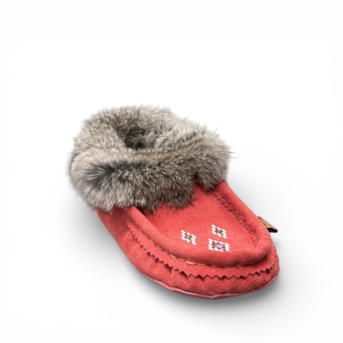 Alberta  peach cowhide suede moccasins with a soft rabbit fur ankle collar, handcrafted for cozy indoor comfort.
photo of the front side