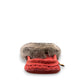 Alberta  peach cowhide suede moccasins with a soft rabbit fur ankle collar, handcrafted for cozy indoor comfort.
photo of the front side