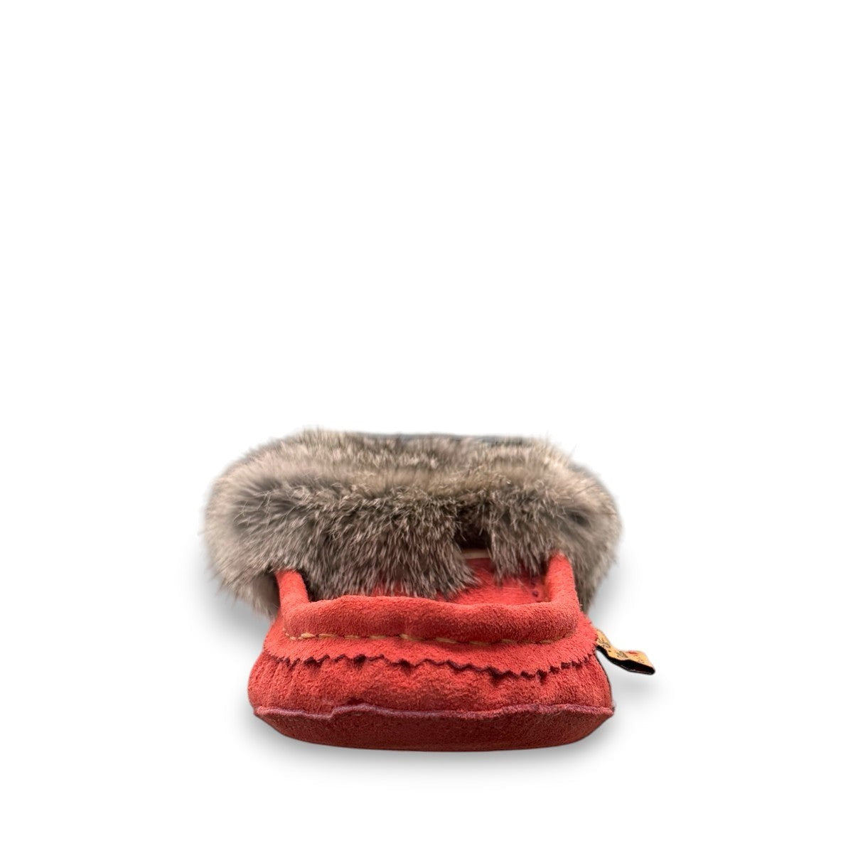 Alberta  peach cowhide suede moccasins with a soft rabbit fur ankle collar, handcrafted for cozy indoor comfort.
photo of the front side