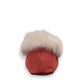 Alberta peach cowhide suede moccasins with a soft white rabbit fur ankle trim, handcrafted for cozy comfort.
photo of the back side
