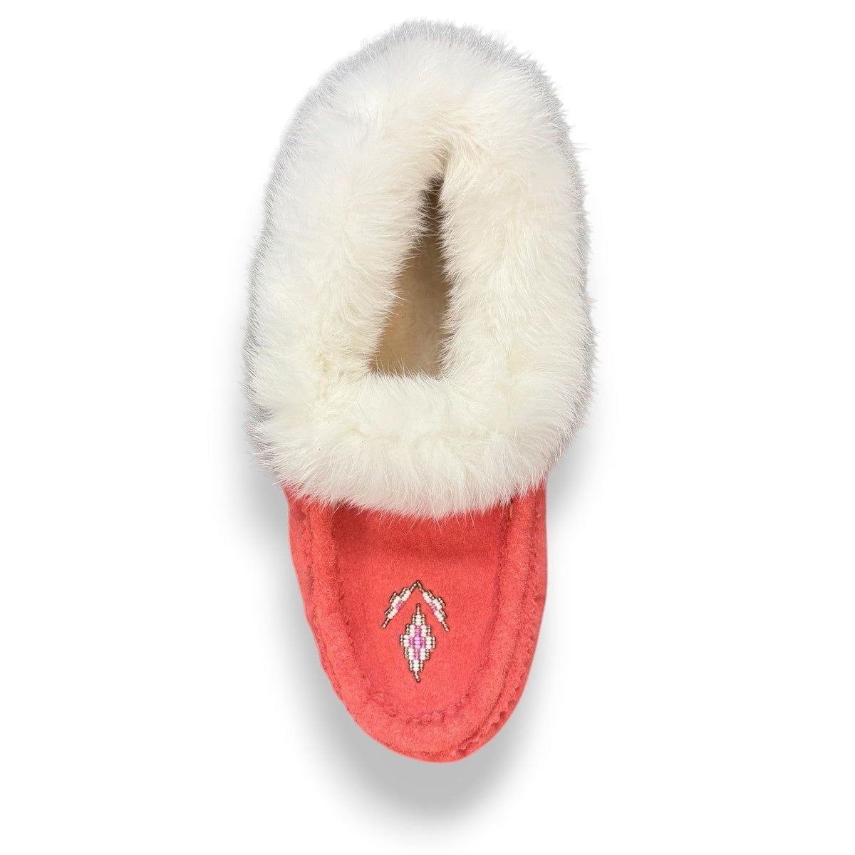 Alberta peach cowhide suede moccasins with a soft white rabbit fur ankle trim, handcrafted for cozy comfort.
photo of the top side