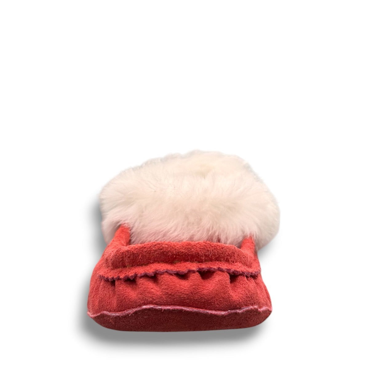 Alberta peach cowhide suede moccasins with a soft white rabbit fur ankle trim, handcrafted for cozy comfort.
photo of the front side