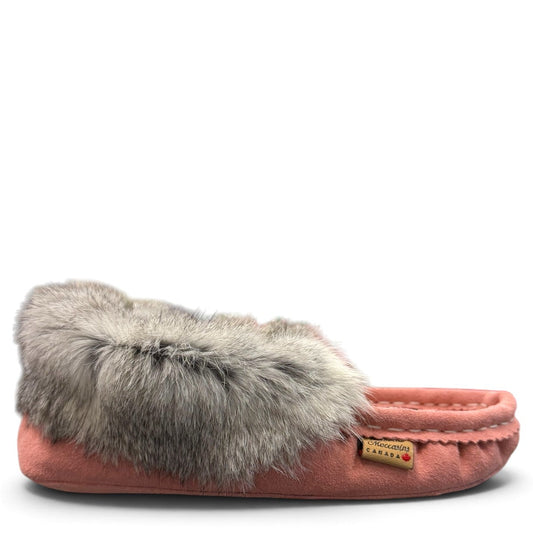 Alberta pink suede moccasins with a soft rabbit fur ankle collar, handcrafted for cozy comfort. Photo of right side view.