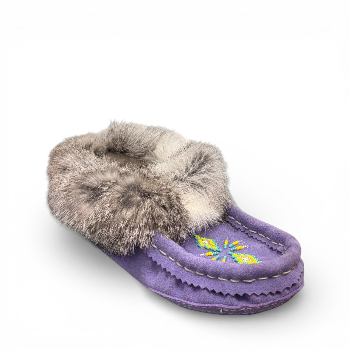 Alberta  purple cowhide suede moccasins with a soft rabbit fur ankle collar, handcrafted for cozy comfort.
photo of the front side