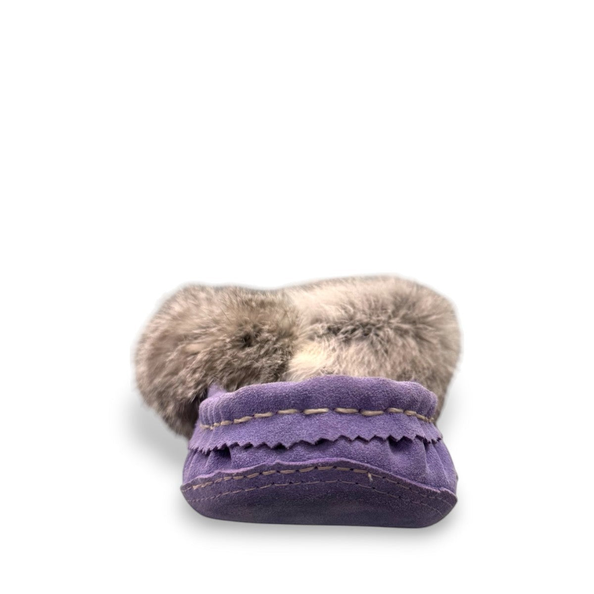 Alberta  purple cowhide suede moccasins with a soft rabbit fur ankle collar, handcrafted for cozy comfort.
photo of the front side