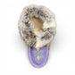 Alberta  purple cowhide suede moccasins with a soft rabbit fur ankle collar, handcrafted for cozy comfort.
photo of the top side