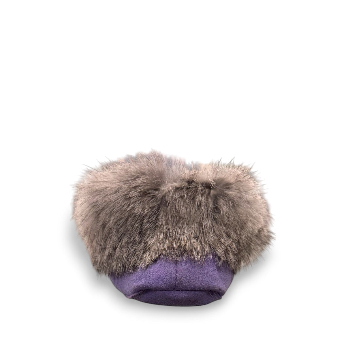 Alberta  purple cowhide suede moccasins with a soft rabbit fur ankle collar, handcrafted for cozy comfort.
photo of the back side