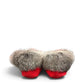 Alberta red suede moccasins with a fluffy rabbit fur ankle collar, handcrafted for cozy comfort. Photo of back view.