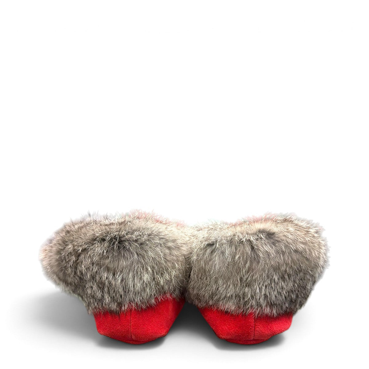 Alberta red suede moccasins with a fluffy rabbit fur ankle collar, handcrafted for cozy comfort. Photo of back view.