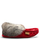 Alberta red suede moccasins with a fluffy rabbit fur ankle collar, handcrafted for cozy comfort. Photo of right side view.