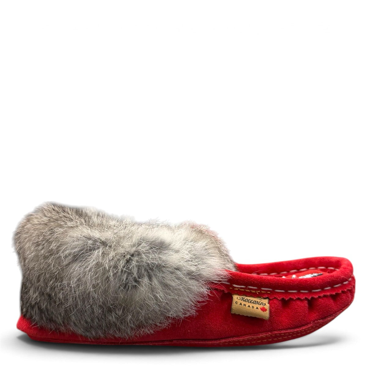 Alberta red suede moccasins with a fluffy rabbit fur ankle collar, handcrafted for cozy comfort. Photo of right side view.