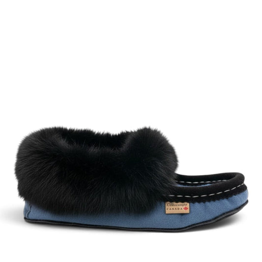 Alberta teal blue cowhide suede moccasins with a black rabbit fur ankle collar, side view.