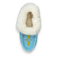 Alberta turquoise cowhide suede moccasins with a soft white rabbit fur ankle trim, handcrafted design.
photo of the top side