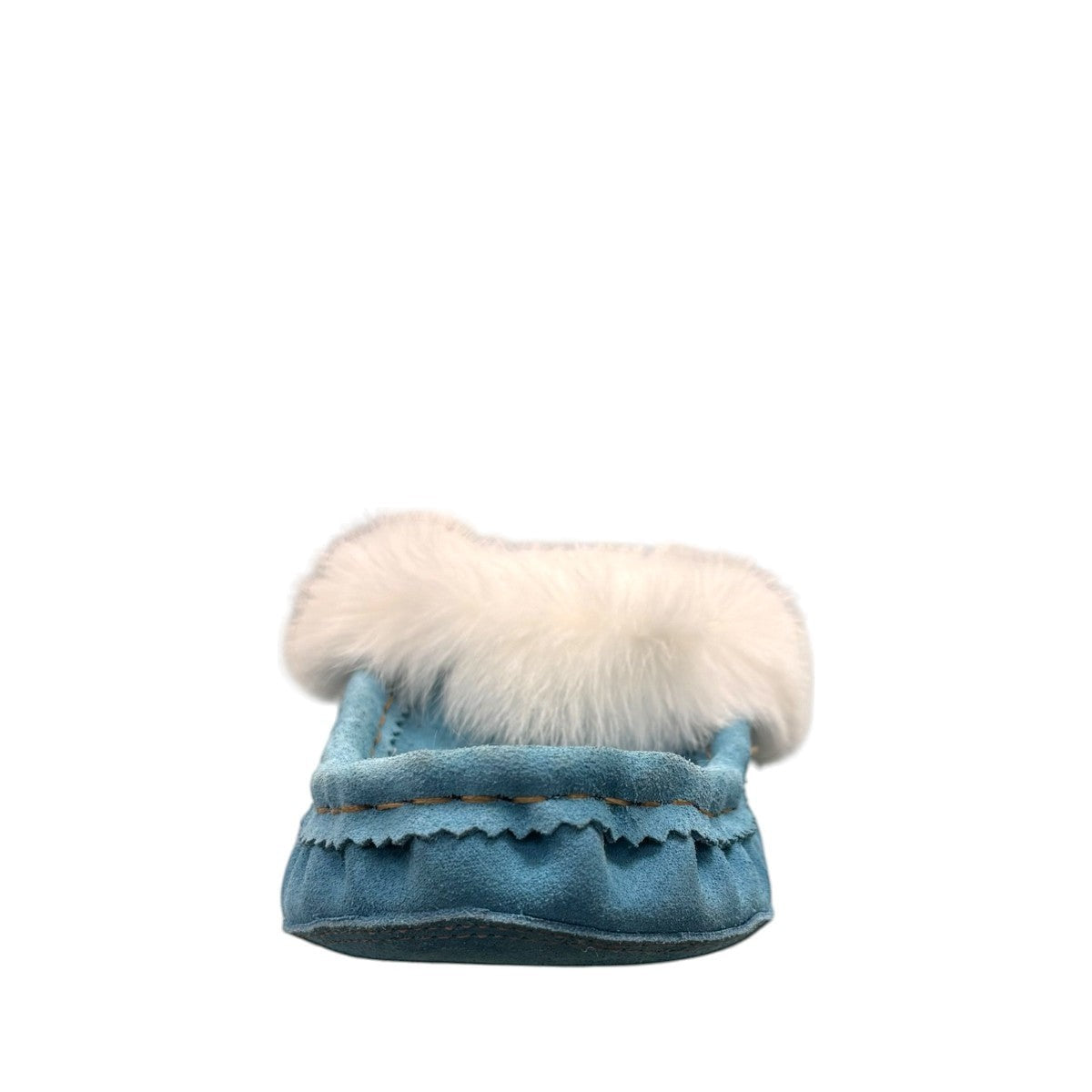 Alberta turquoise cowhide suede moccasins with a soft white rabbit fur ankle trim, handcrafted design.
photo of the front side