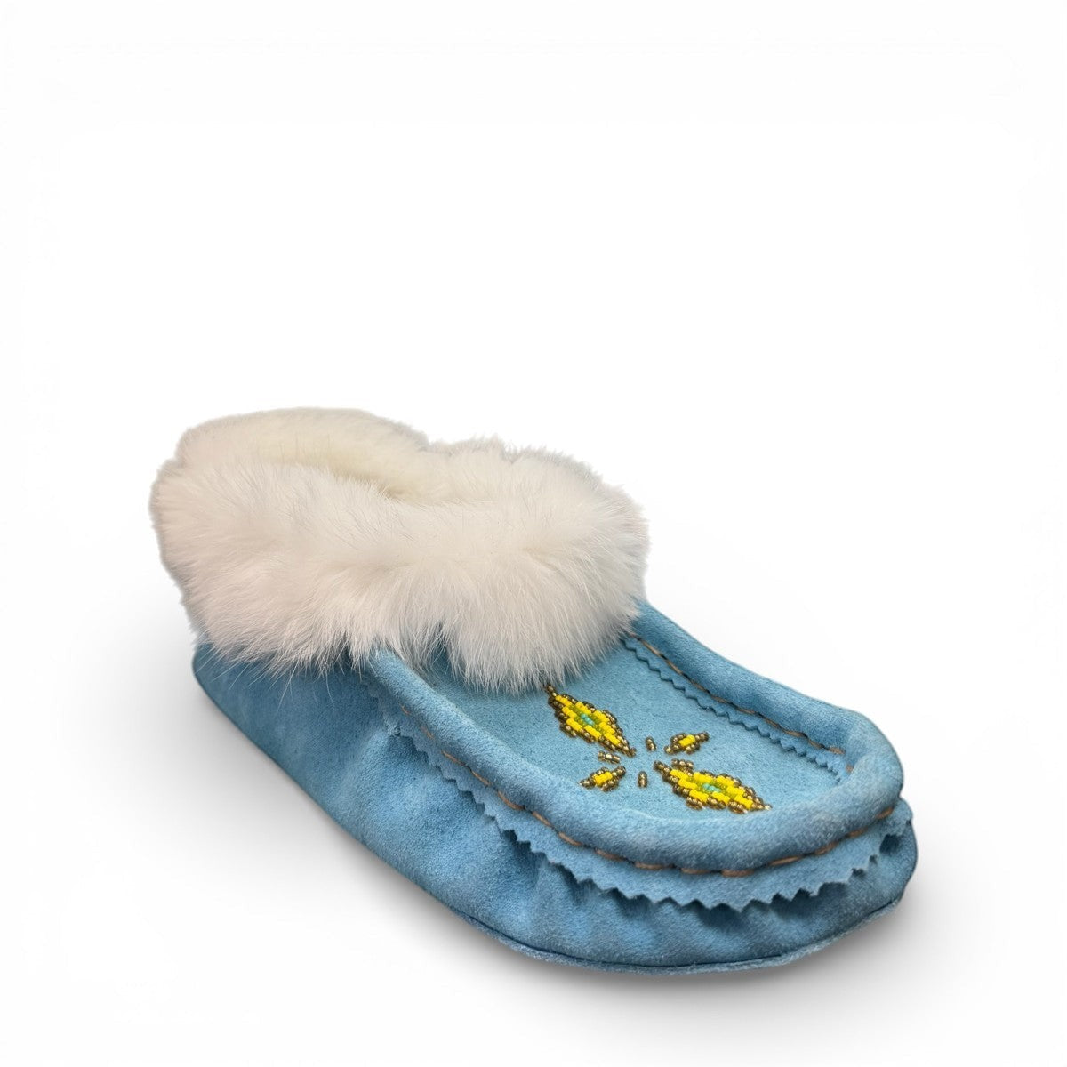 Alberta turquoise cowhide suede moccasins with a soft white rabbit fur ankle trim, handcrafted design.
photo of the front side