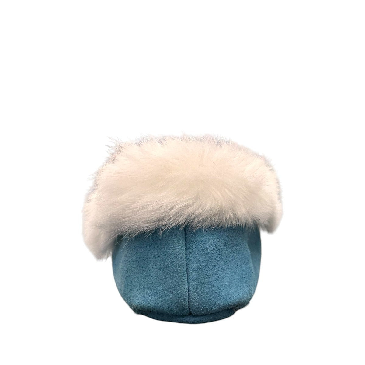 Alberta turquoise cowhide suede moccasins with a soft white rabbit fur ankle trim, handcrafted design.
photo of the back side