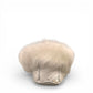 Alberta  white leather moccasins featuring a plush fur collar and side brand tag, side view.
photo of the back side