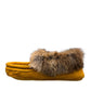 Alberta yellow deer skin leather moccasins with a fluffy rabbit fur ankle collar, handcrafted design.
photo of the left side