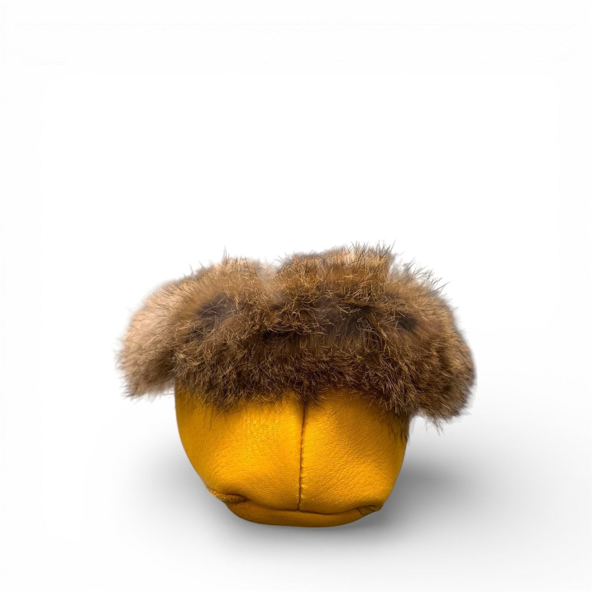 Alberta yellow deer skin leather moccasins with a soft rabbit fur ankle collar, handcrafted design.
photo of the back side