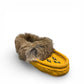 Alberta yellow deer skin leather moccasins with a fluffy rabbit fur ankle collar, handcrafted design.
photo of the front side