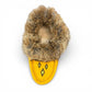 Alberta yellow deer skin leather moccasins with a fluffy rabbit fur ankle collar, handcrafted design.
photo of the top side