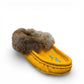 Alberta yellow deer skin leather moccasins with a soft rabbit fur ankle collar, handcrafted design.
photo of the front side