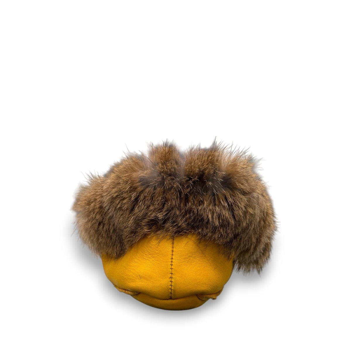 Alberta yellow deer skin leather moccasins with a fluffy rabbit fur ankle collar, handcrafted design.
photo of the back side