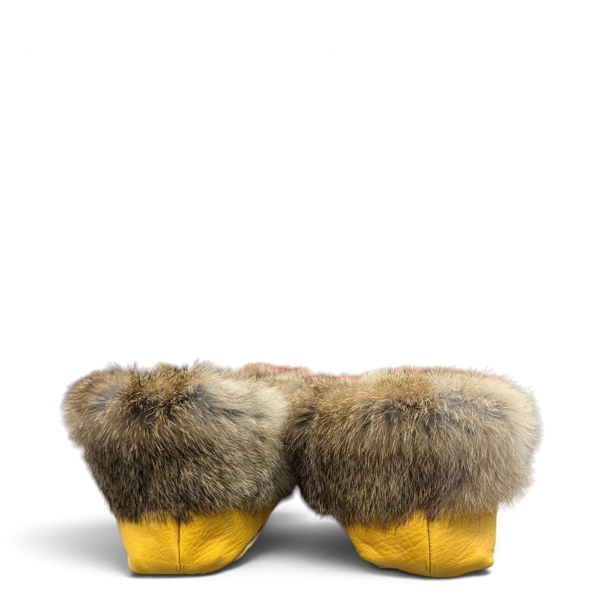 Alberta yellow suede moccasins with rabbit fur trim, handcrafted leather slippers for cozy everyday wear. Photo of back view.