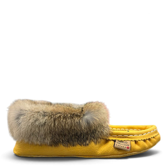Alberta yellow suede moccasins with rabbit fur trim, handcrafted leather slippers for cozy everyday wear. Photo of right side view.
