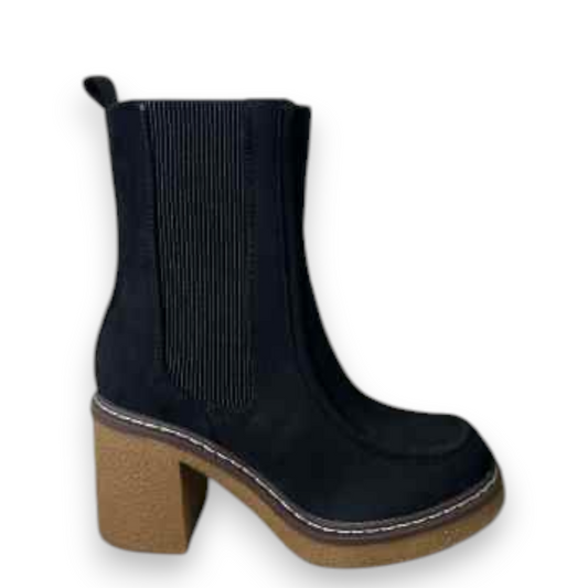 AquaFlex 99 London black suedine Chelsea boot with a chunky tan heel and white contrast stitching. Photo of right side view.