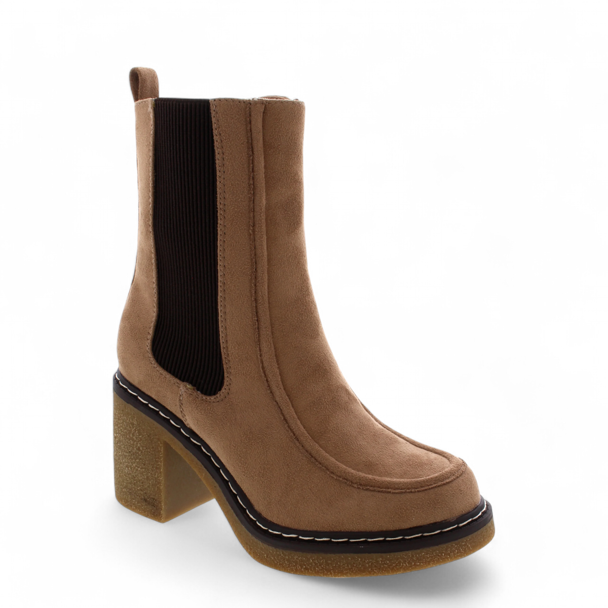 AquaFlex 99-London taupe suedine Chelsea boot with a chunky heel, elastic side panel, and white stitching. Photo of front side view.