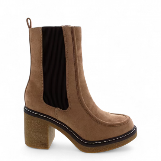 AquaFlex 99-London taupe suedine Chelsea boot with a chunky heel, elastic side panel, and white stitching. Photo of right side view.