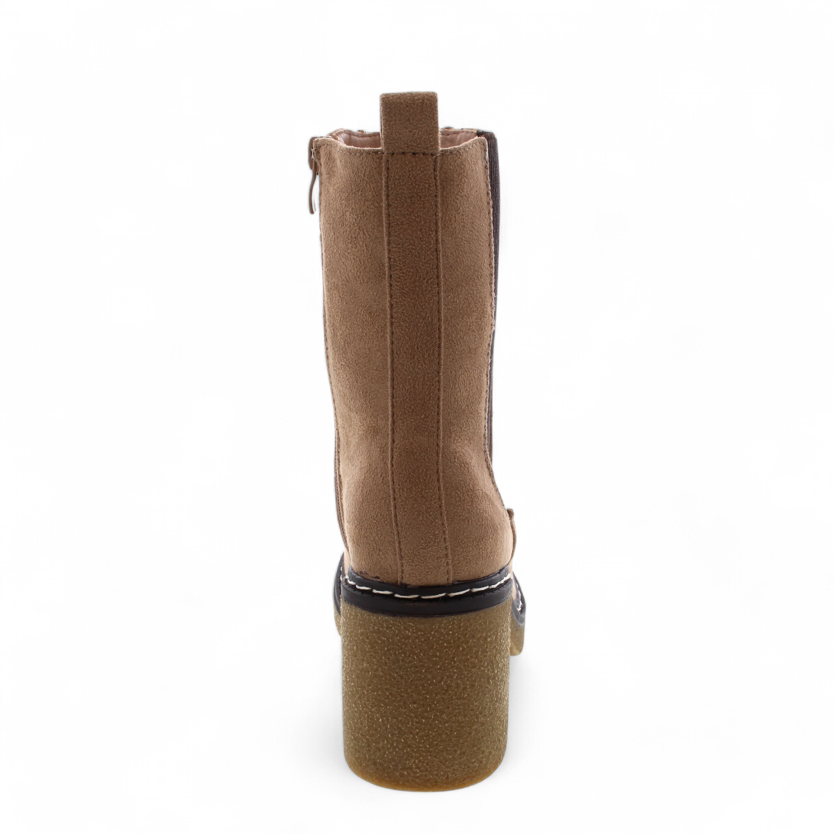 AquaFlex 99-London taupe suedine Chelsea boot with a chunky heel, elastic side panel, and white stitching. Photo of back view.
