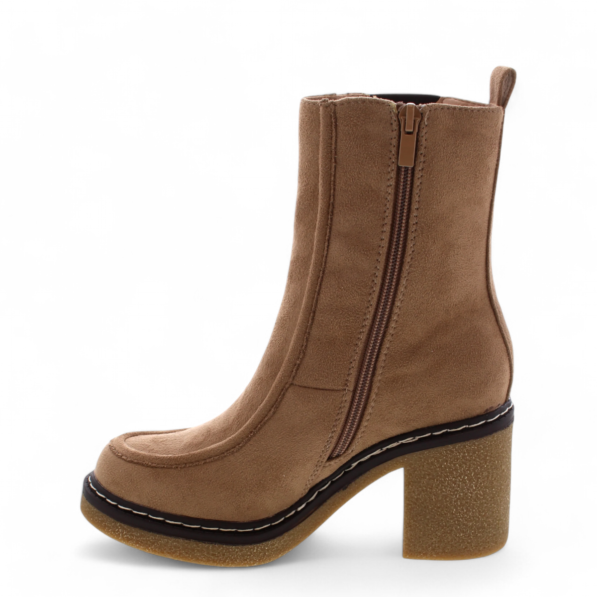 AquaFlex 99-London taupe suedine Chelsea boot with a chunky heel, elastic side panel, and white stitching. Photo of left side view.