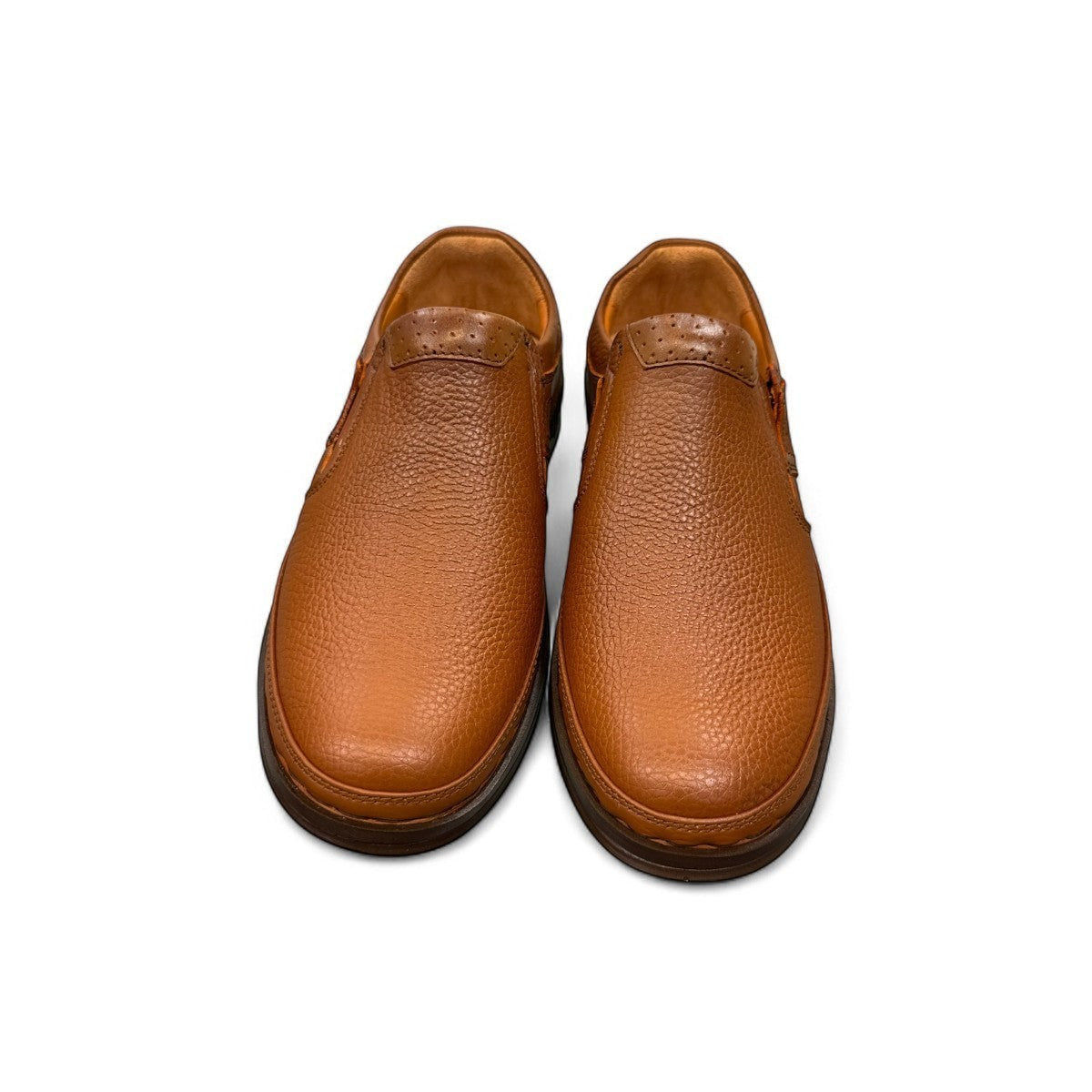 Atropat Abyaneh brown leather slip-on shoes with textured upper and durable rubber sole. Photo of front view.