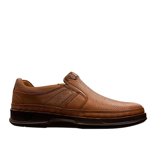 Atropat Abyaneh brown leather slip-on shoes with textured upper and durable rubber sole. Photo of outside side view.