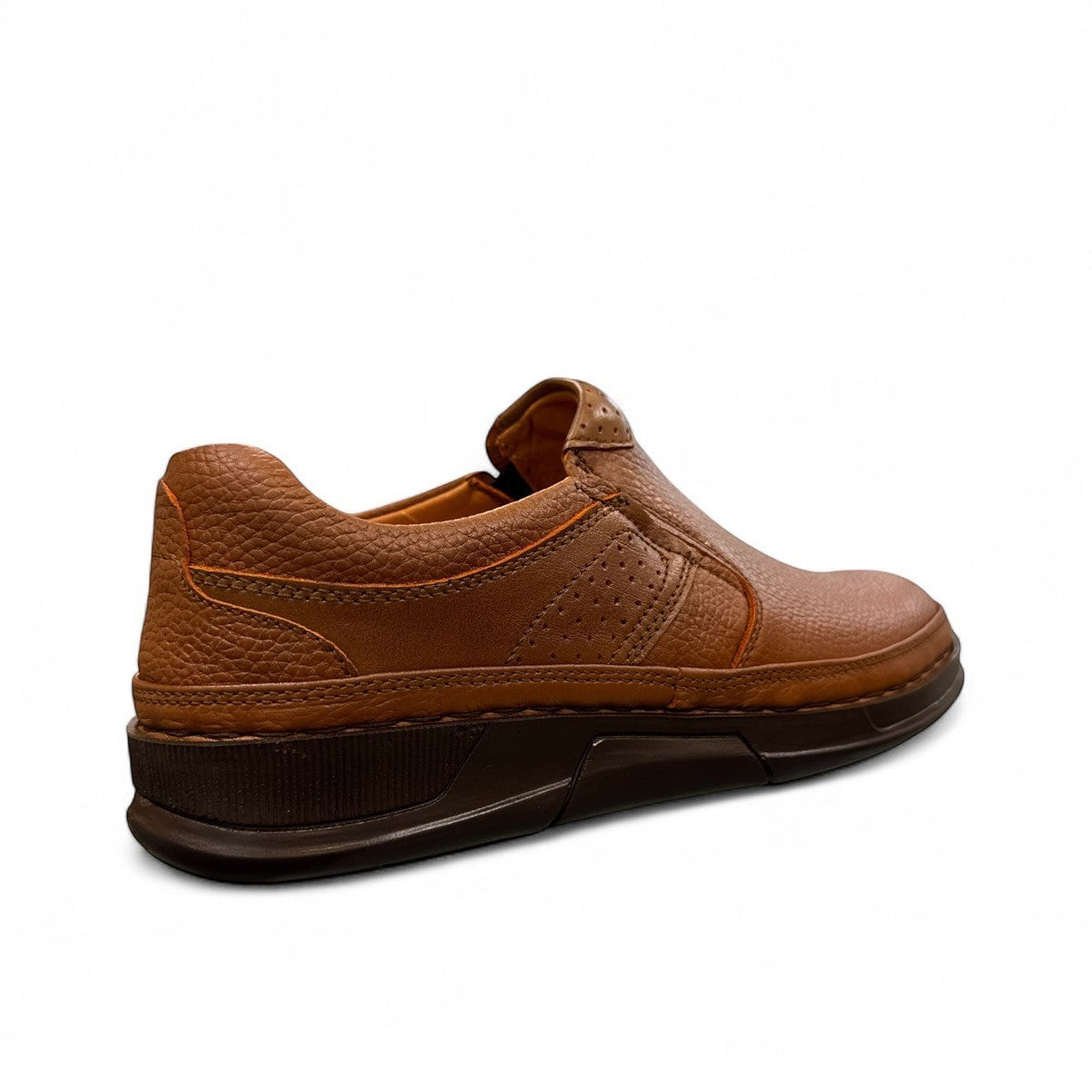 Atropat Abyaneh brown leather slip-on shoes with textured upper and durable rubber sole. Photo of side view from the back.